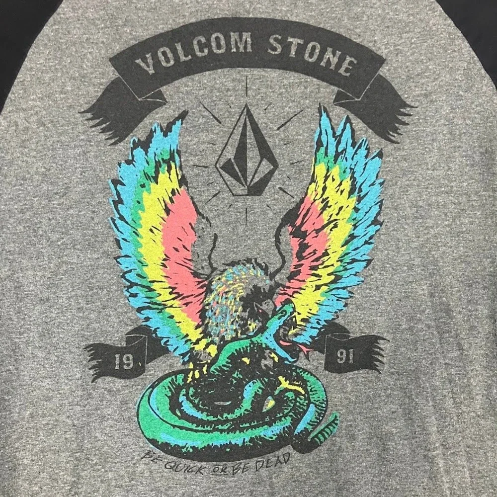 Volcom Stone Mens Gray Black Raglan 3/4 Sleeve Graphic T-Shirt Medium Eagle
